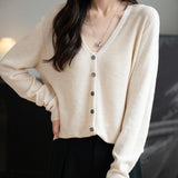 Women's Merino Wool Cardigan V-Neck Fall Winter Long Sleeve First-Line Ready to Wear Seamless Knit Cardigan
