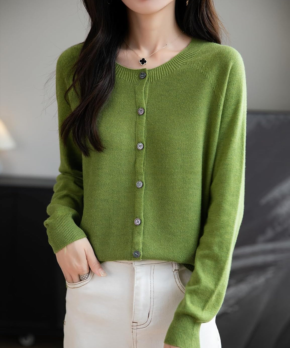 Merino Wool Seamless Crewneck Cardigan
