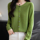 Women's Merino Wool Cardigan Crew Neck Fall Winter Long Sleeve First-Line Ready to Wear Seamless Knit Cardigan