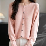 Women's Merino Wool Cardigan Crew Neck Fall Winter Long Sleeve First-Line Ready to Wear Seamless Knit Cardigan