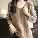 Chanyarn Women's V Neck 100% Merino Wool Oversized Sweater 2025 Fall Winter Vintage Cable Long Sleeve Knit Sweater
