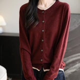 Suéter de cárdigan de lana de lana femenina 2025 otoño invierno falso de dos piezas Bloque de color Cardigan de tejido de manga larga