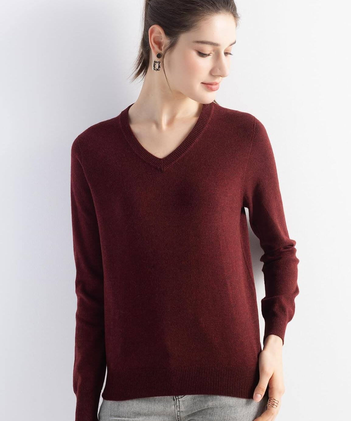 Merino Wool V-Neck Seamless Knit Sweater