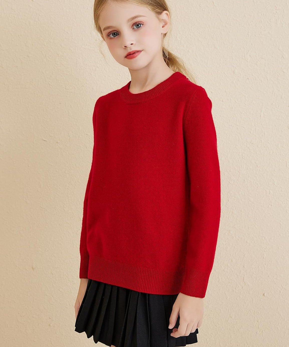 Girls 100% Merino Wool Solid Crewneck Sweater