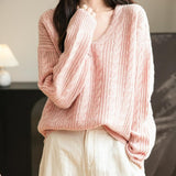 Chanyarn Women's V Neck 100% Merino Wool Oversized Sweater 2025 Fall Winter Vintage Cable Long Sleeve Knit Sweater