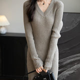 Women's Merino Wool Blend Sweater Dress Fashion 2025 Fall Winter Sexy V-Neck Slim Fit Long Sleeve Ribbed Knit Dress