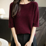 Women's 100% Merino Wool Spring Fall Winter First-Line Ready to Wear Seamless Knit Crewneck Short Sleeve Sweater