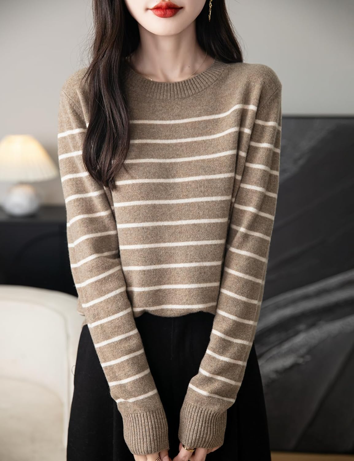 Women's 100% Merino Wool Sweater 2025 Fall Winter Crew Neck Striped Long Sleeve Warm Soft Knit Sweater