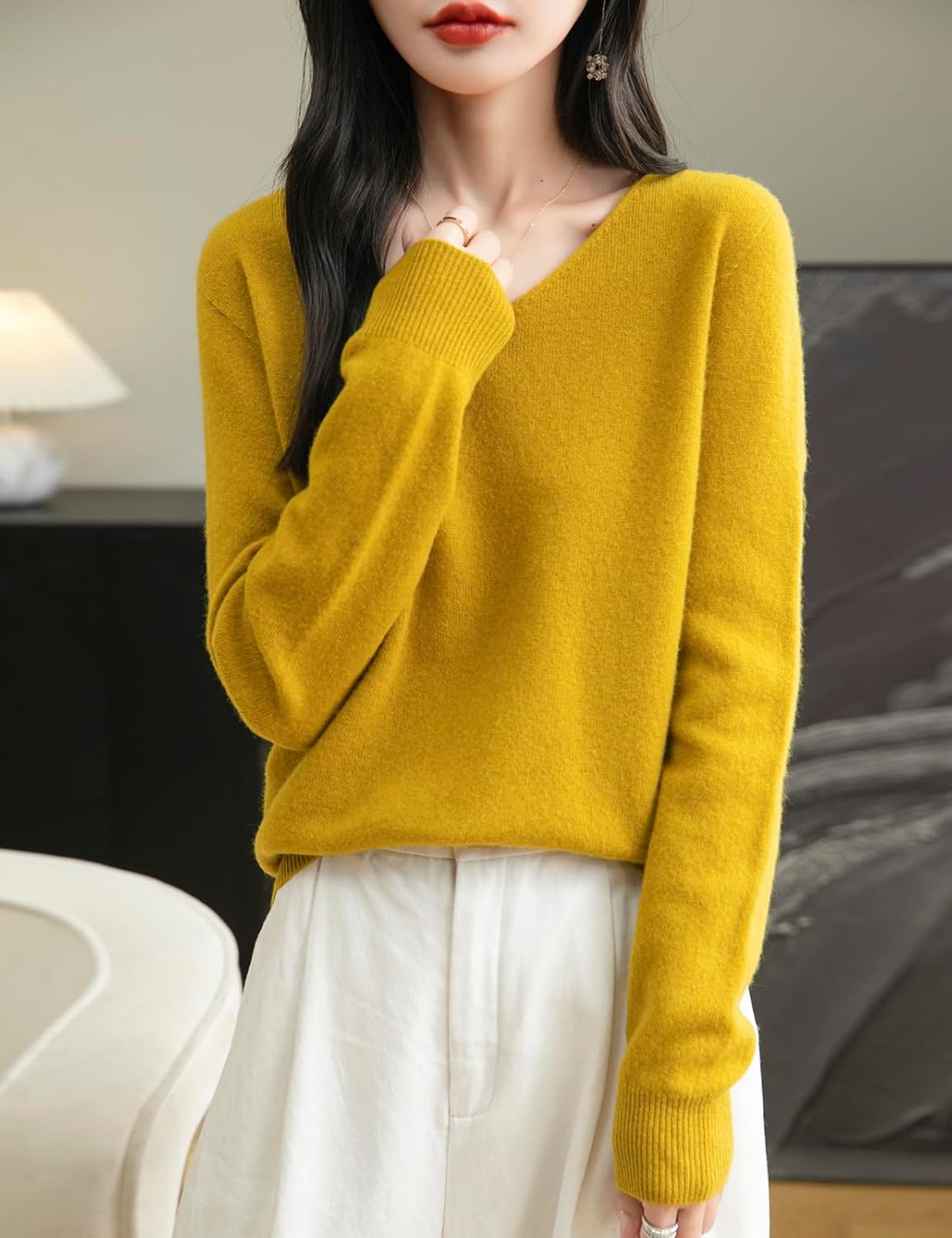 100% Merino Wool V-Neck Seamless Casual Sweater