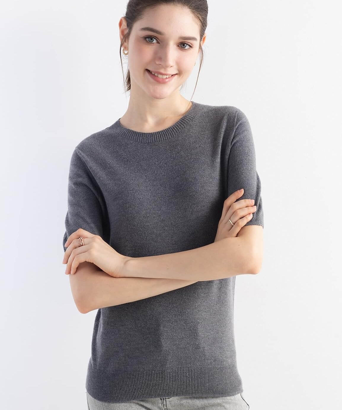 Merino Wool Crew Neck Short Sleeve Seamless Knit Sweater