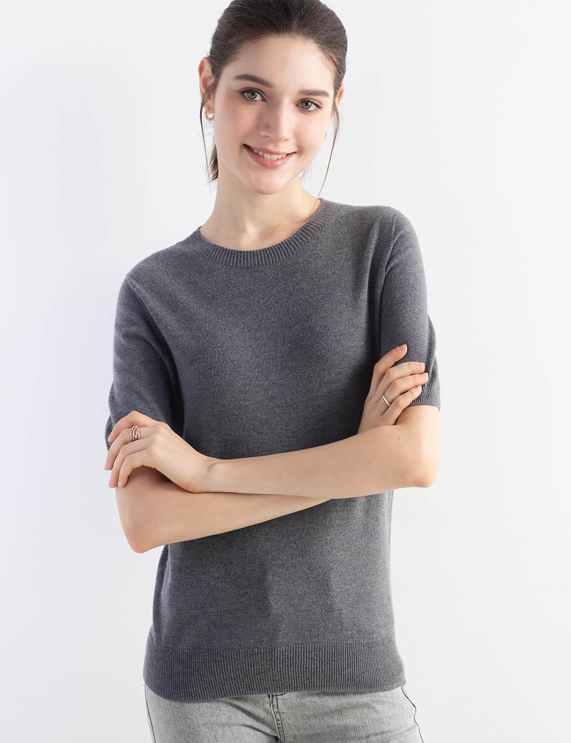 Merino Wool Blend Crew Neck Short Sleeve Seamless Knit Sweater