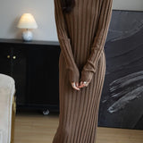 Merino Wool Blend Mock Neck Ribbed Knit Sweater Dress