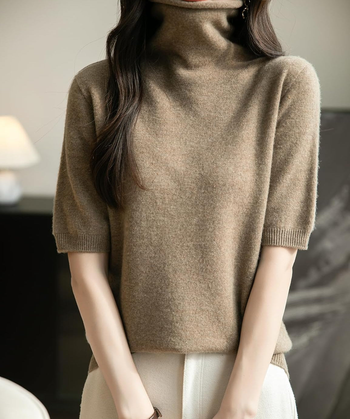 100% Merino Wool Turtleneck Short Sleeve Seamless Sweater