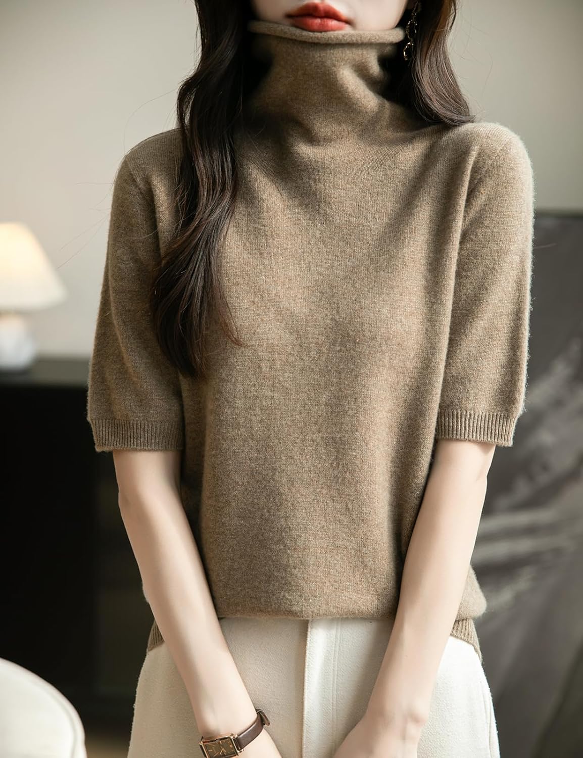 Women's Turtleneck 100% Merino Wool Spring Fall Winter First-Line Ready to Wear Seamless Knit Short Sleeve Sweater