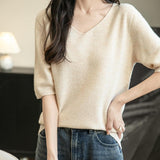 Women's V-Neck 100% Merino Wool Spring Fall Winter First-Line Ready to Wear Seamless Knit Shirt Short Sleeve Sweater