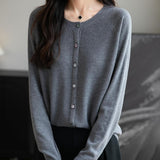 Women's Merino Wool Cardigan Crew Neck Fall Winter Long Sleeve First-Line Ready to Wear Seamless Knit Cardigan
