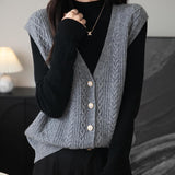 Women's 100% Merino Wool Sweater Vest 2025 Fall Winter V Neck Button Down Sleeveless Cable Knit Sweater Vest