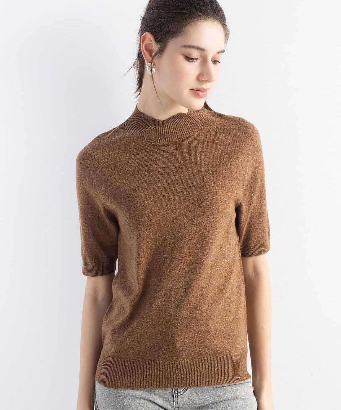 Merino Wool Mock Neck Short Sleeve Seamless Knit Sweater