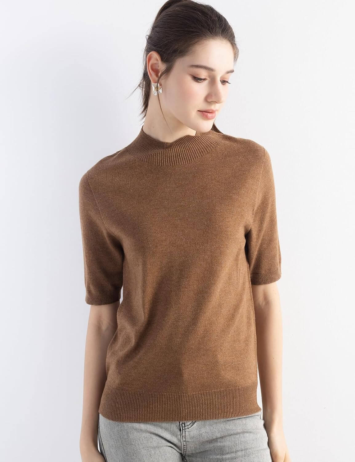 Merino Wool Blend Mock Neck Short Sleeve Seamless Knit Sweater