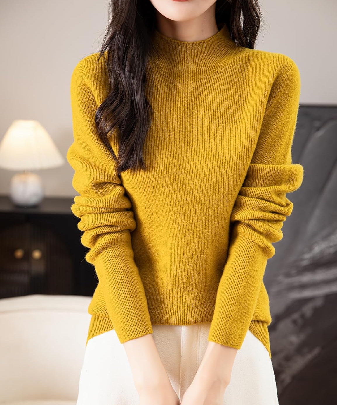 Women's 100% Merino Wool Seamless Ribbed Mock Neck Sweater
