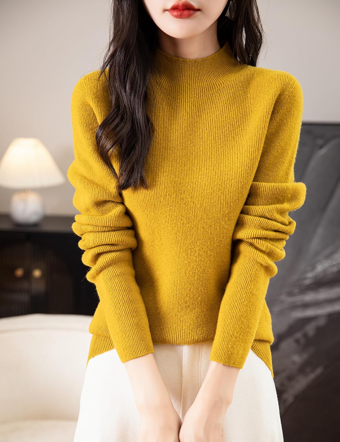 Chanyarn Women's 100% Merino Wool Seamless Sweater Mock Neck First-Line Ready to Wear Long Sleeve Ribbed Knit Pullover