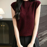Women's 100% Merino Wool Spring Fall Winter First-Line Ready to Wear Mock Neck Seamless Knit Sleeveless Sweater Vest