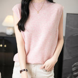 Women's 100% Merino Wool Spring Fall Winter First-Line Ready to Wear Mock Neck Seamless Knit Sleeveless Sweater Vest