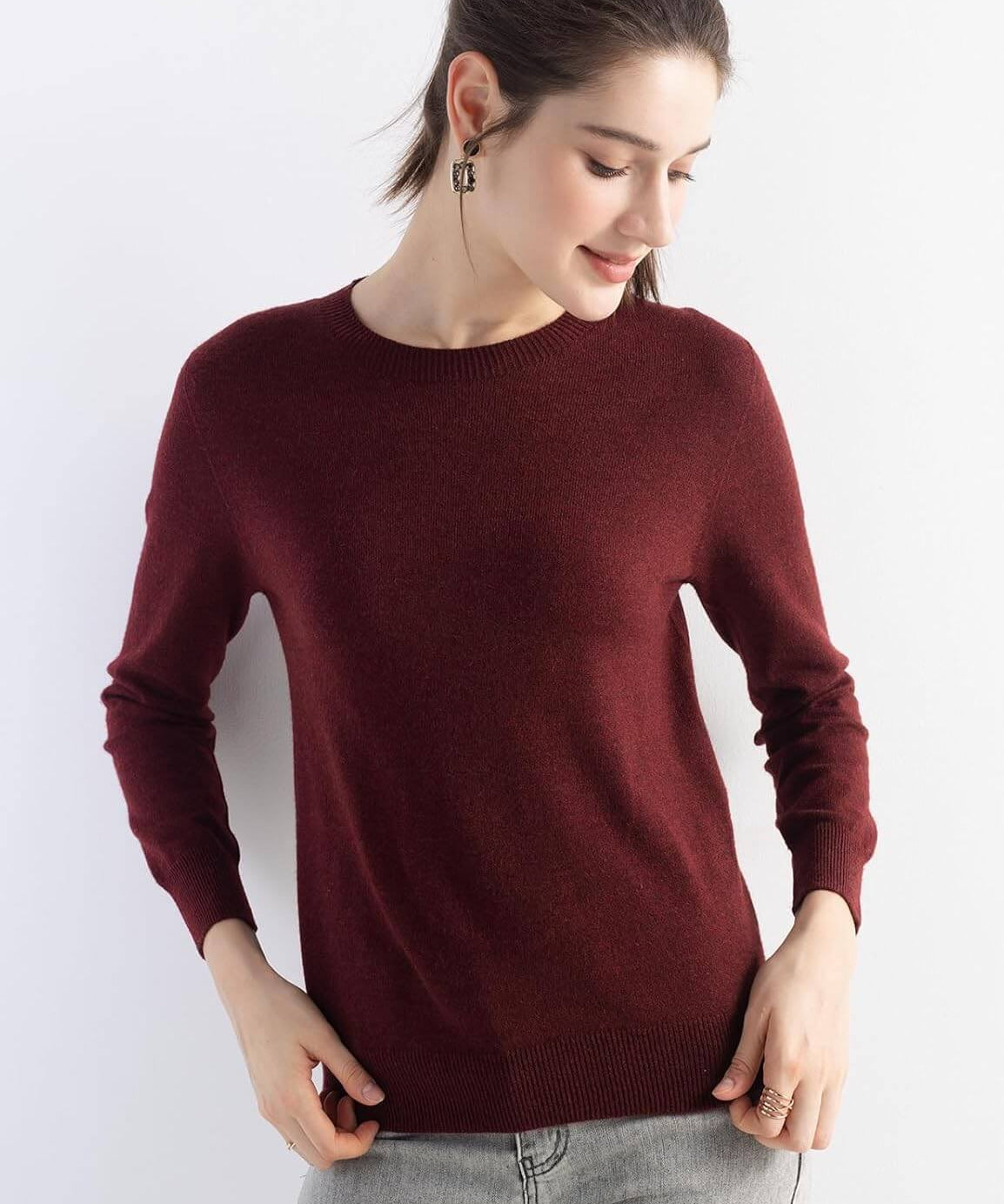 Merino Wool Crew Neck Seamless Knit Sweater