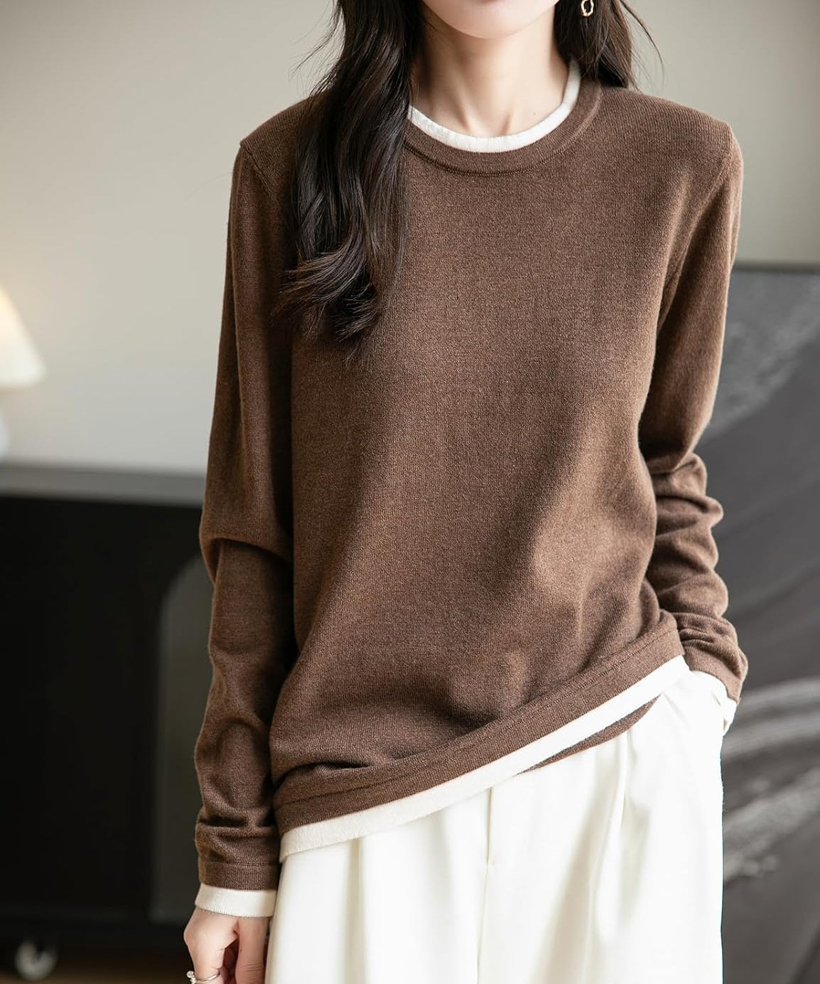 Merino Wool Fake Two-Piece Color Block Crewneck Knit Top