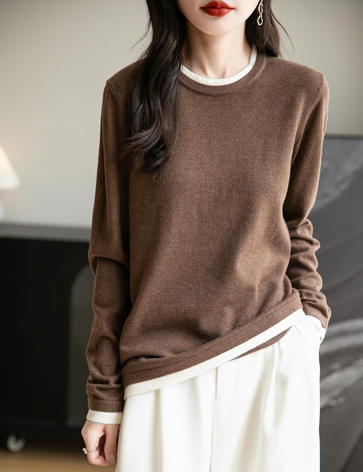 Women's Merino Wool Sweater 2025 Fall Winter Fake Two Piece Color Block Shirt Crewneck Long Sleeve Knit Pullover Top
