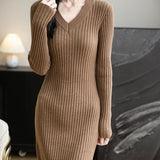 Women's Merino Wool Blend Sweater Dress Fashion 2025 Fall Winter Sexy V-Neck Slim Fit Long Sleeve Ribbed Knit Dress