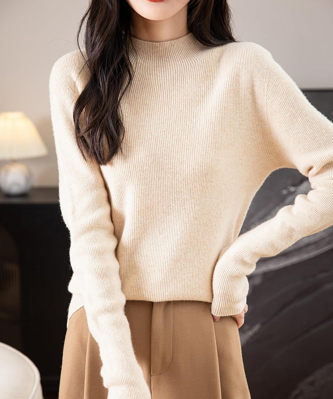 Women's 100% Merino Wool Seamless Ribbed Mock Neck Sweater