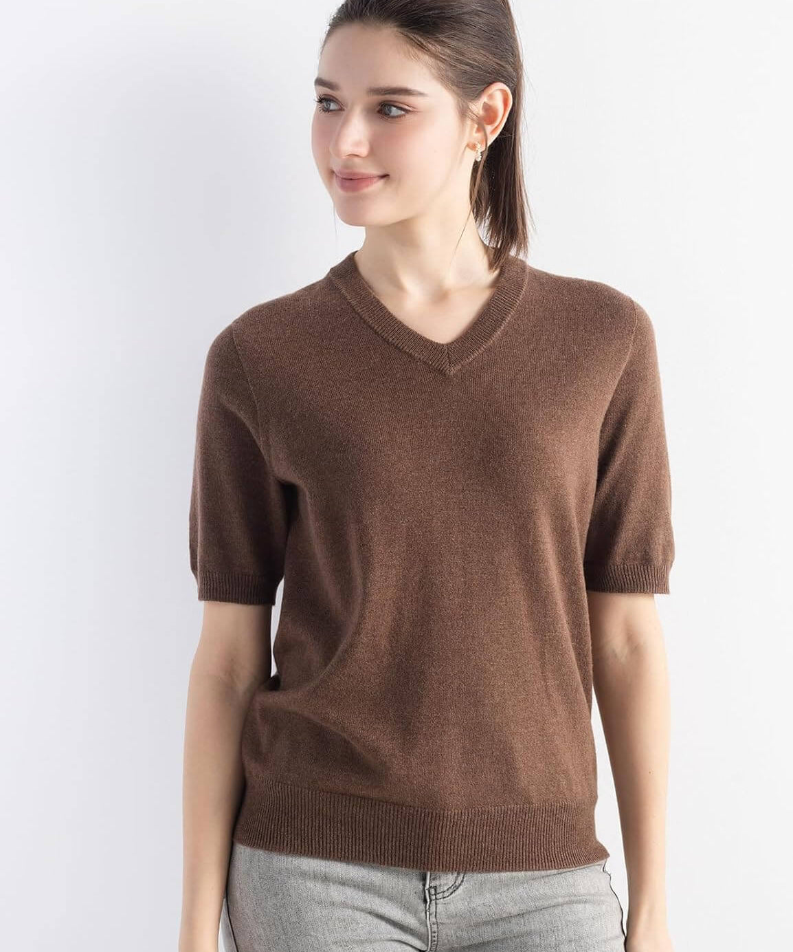 Merino Wool V-Neck Short Sleeve Seamless Knit Sweater