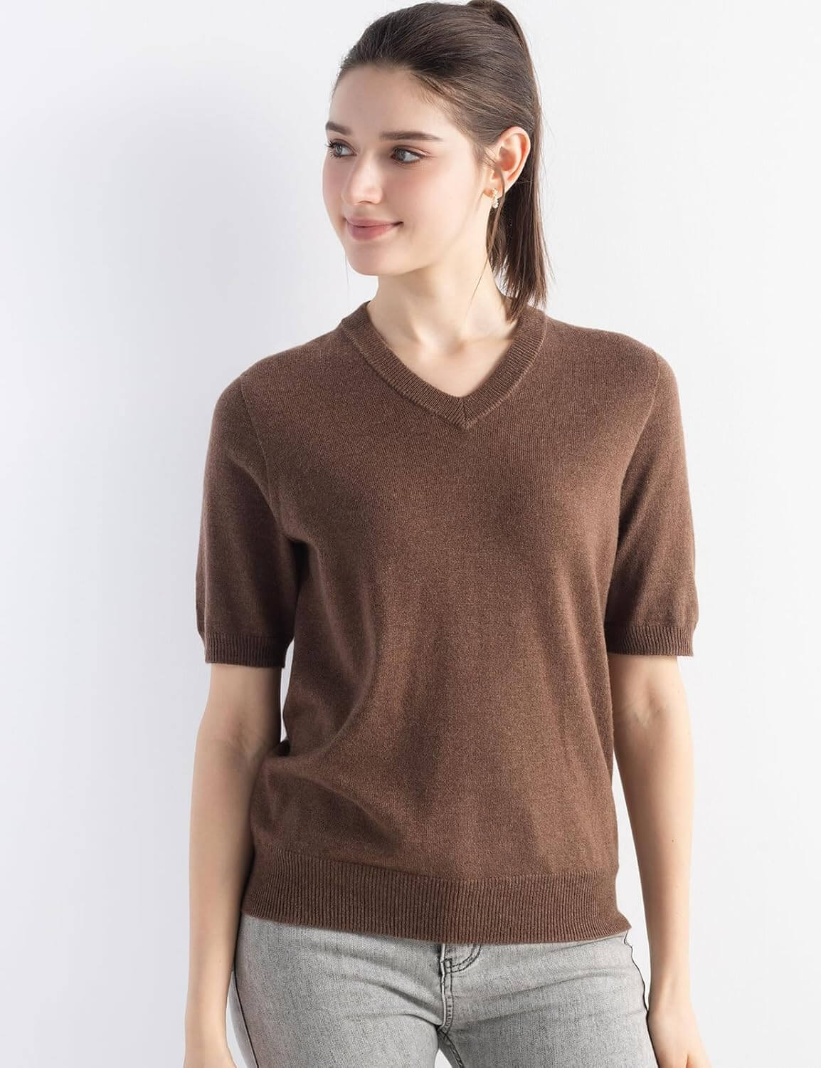 Merino Wool Blend V-Neck Short Sleeve Seamless Knit Sweater