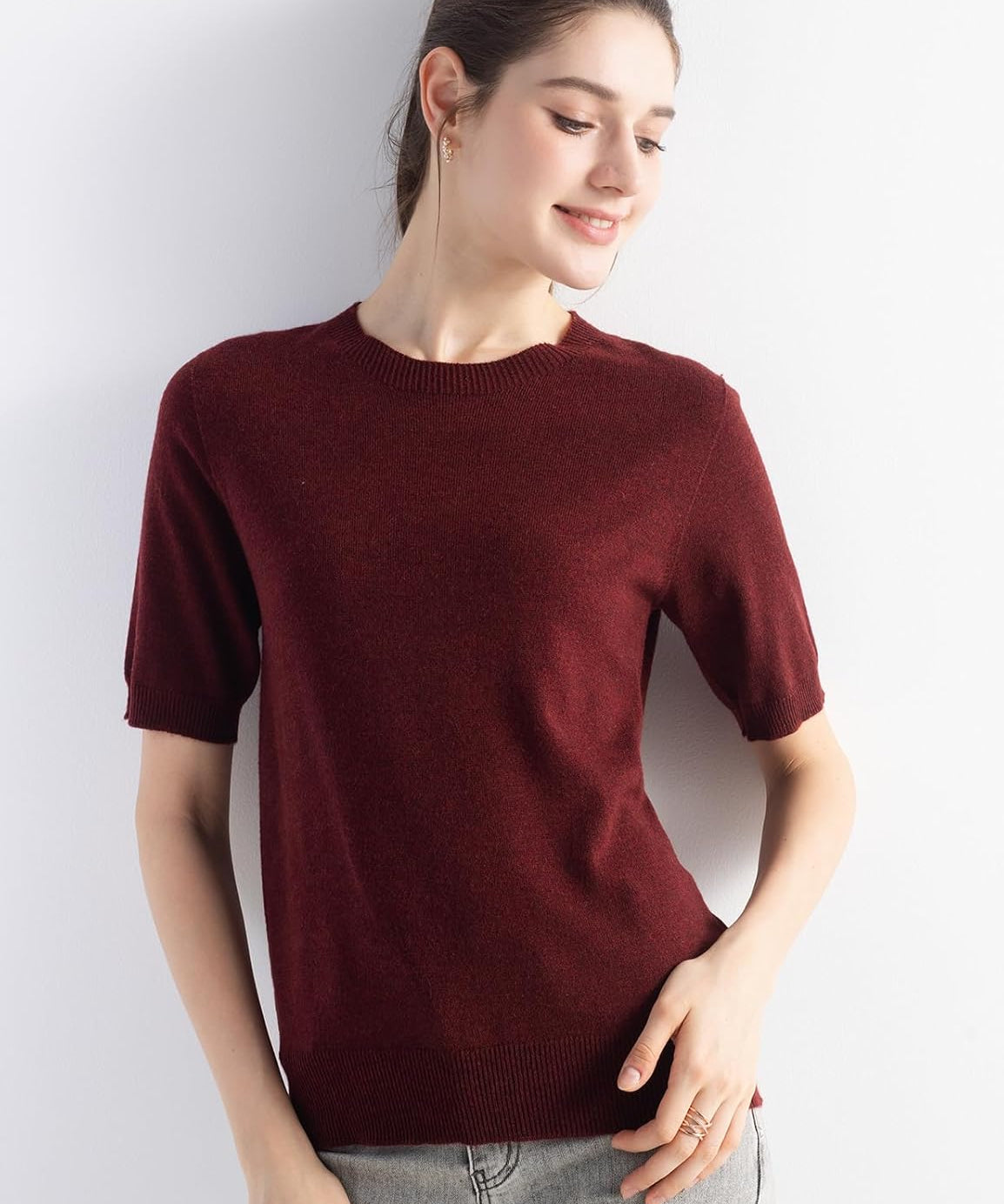 Merino Wool Crew Neck Short Sleeve Seamless Knit Sweater