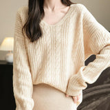 Chanyarn Women's V Neck 100% Merino Wool Oversized Sweater 2025 Fall Winter Vintage Cable Long Sleeve Knit Sweater
