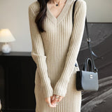 Women's Merino Wool Blend Sweater Dress Fashion 2025 Fall Winter Sexy V-Neck Slim Fit Long Sleeve Ribbed Knit Dress