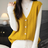 Women's 100% Merino Wool Sweater Vest 2025 Fall Winter V Neck Button Down Sleeveless Cable Knit Sweater Vest