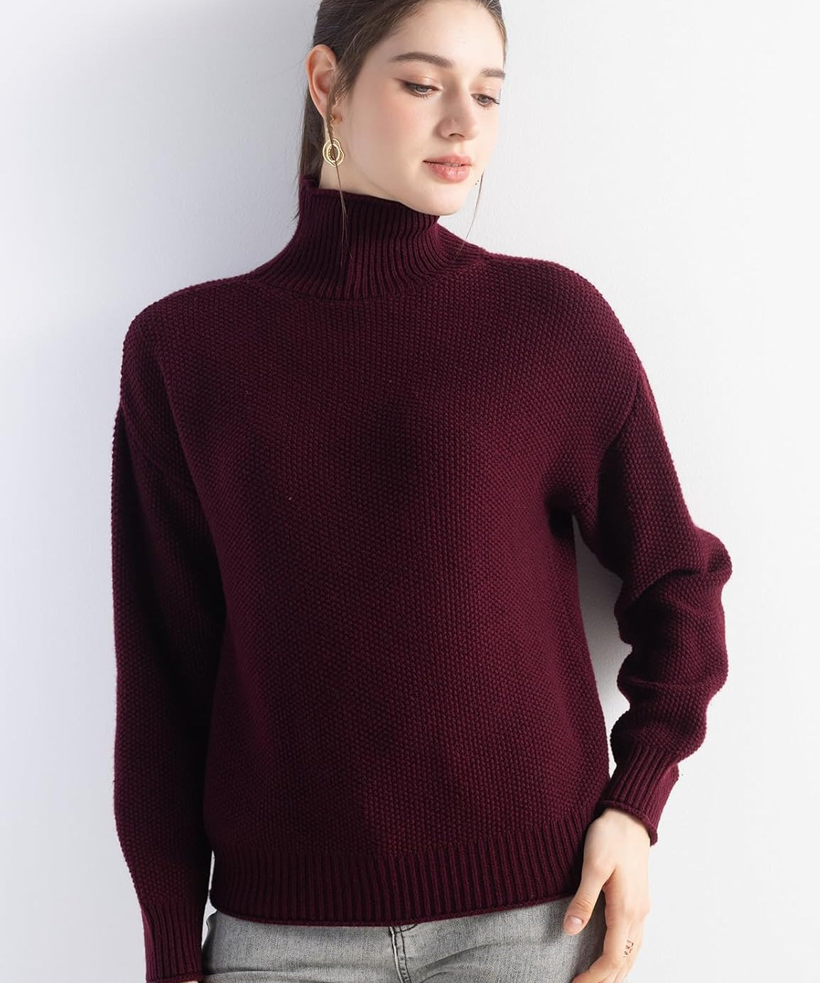 Merino Wool Blend Mock Neck Loose Knit Sweater