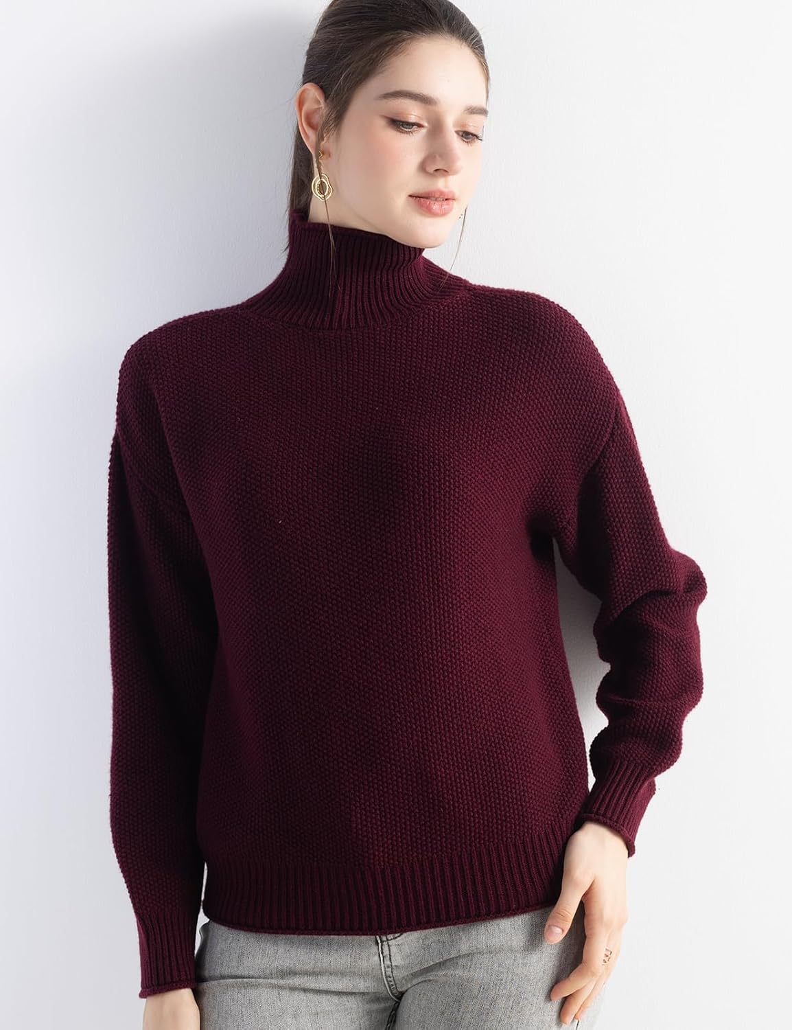 Women's Merino Wool Blend Sweater 2025 Fall Winter Mock Neck Loose Fit Long Sleeve Knit Pullover Sweater