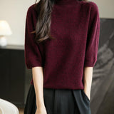 Women's 100% Merino Wool Spring Fall Winter First-Line Ready to Wear Seamless Knit Short Sleeve Mock Neck Sweater