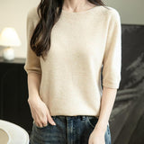 Women's 100% Merino Wool Spring Fall Winter First-Line Ready to Wear Seamless Knit Crewneck Short Sleeve Sweater