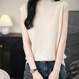 Women's 100% Merino Wool Spring Fall Winter First-Line Ready to Wear Mock Neck Seamless Knit Sleeveless Sweater Vest