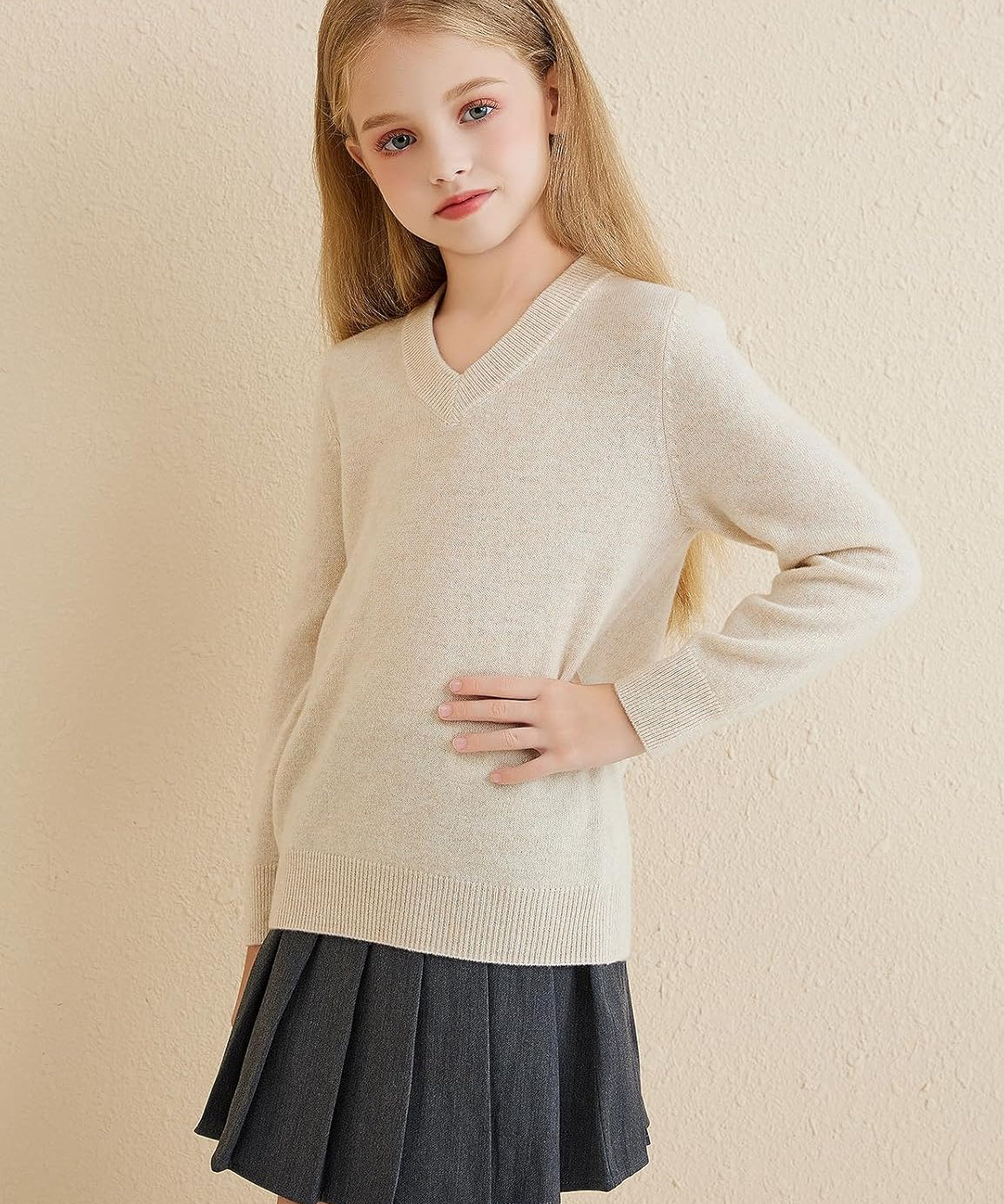 Girls 100% Merino Wool Classic V-Neck Sweater