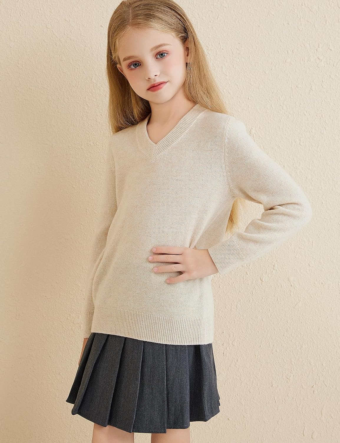 Girls 100% Merino Wool Classic V-Neck Sweater