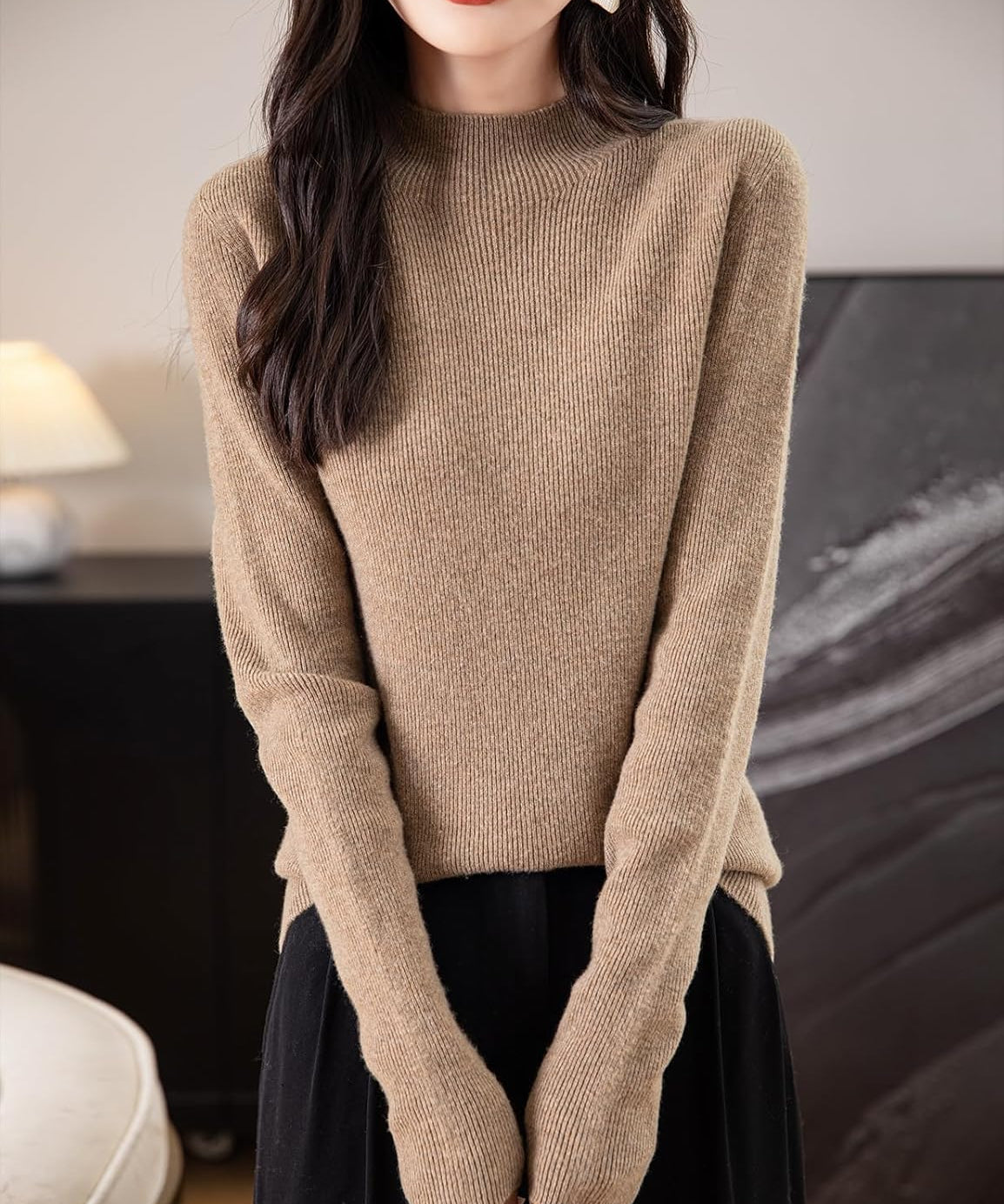 Women's 100% Merino Wool Seamless Ribbed Mock Neck Sweater