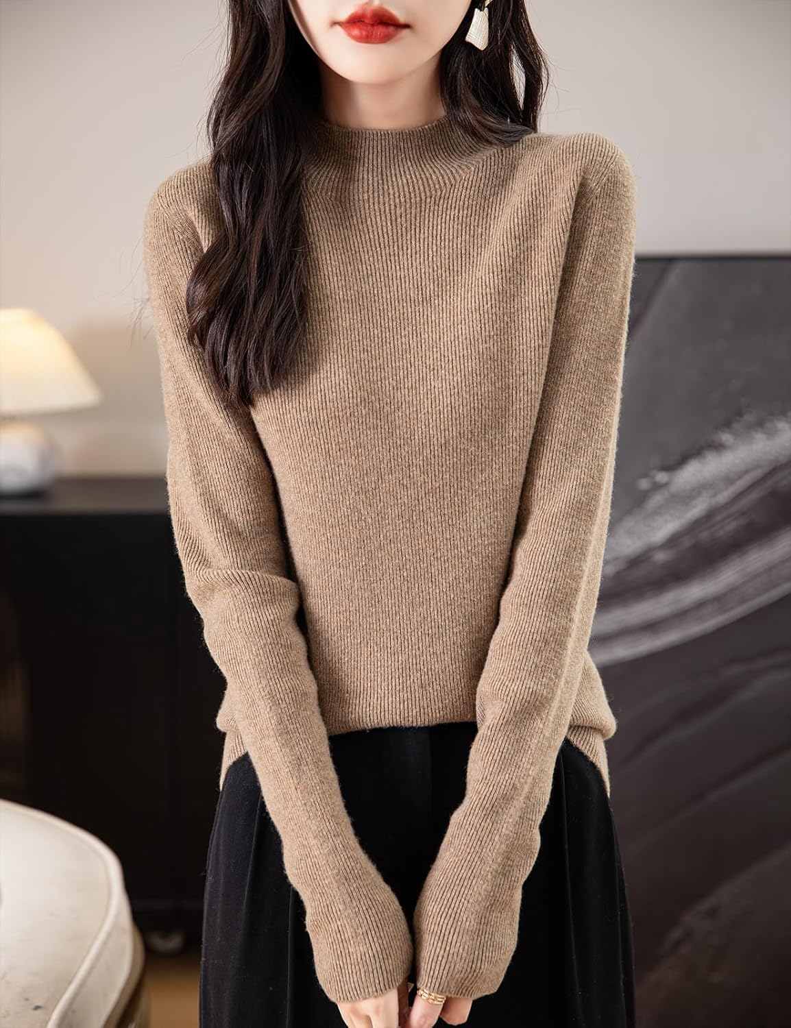 Pull à col montant côtelé sans couture 100 % laine mérinos