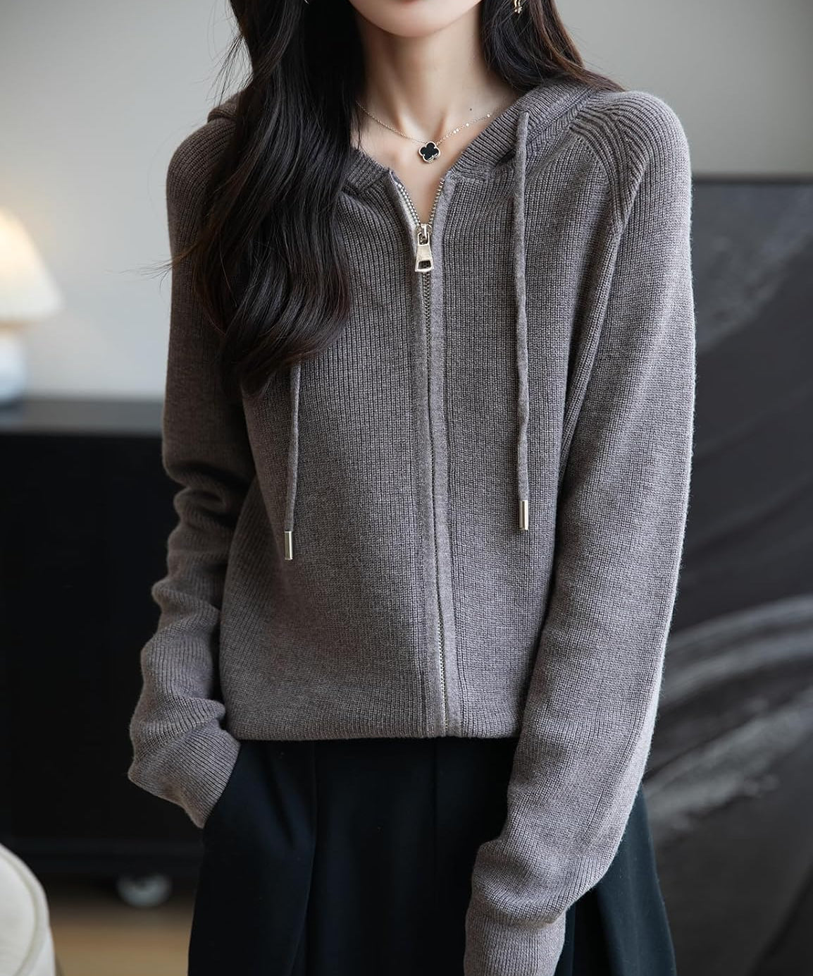 Merino Wool Blend Ribbed Zipper Hooded Cardigan