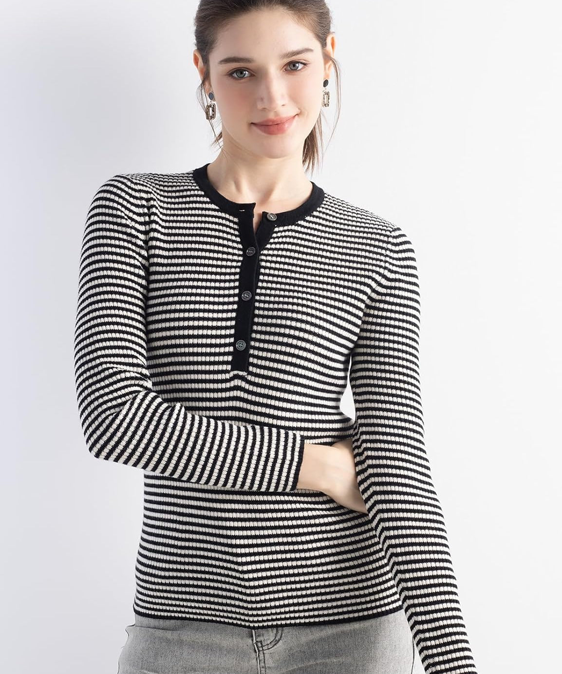 Merino Wool Blend Striped Slim Fit Crew Neck Knit Sweater