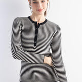 Women's Merino Wool Blend Sweater 2025 Fall Winter Crew Neck Striped Slim Fit Long Sleeve Knit Pullover with Button